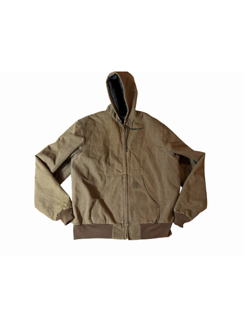 Carhartt Men’s Brown Duck Canvas Quilted Hooded Work Jacket Distressed Grunge